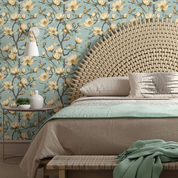 Vliestapete Blumen Zweige Floral Textiloptik Blau Gelb GrüN 89035 (3,84€/1Stk)-image