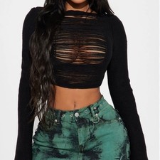 Fashion Nova Play It Cool Distressed Sweater Black Cropped Knit Top Size S NWT
