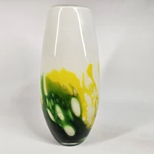Vtg MCM Lava Lamp Style Vase 10" Opal Green Yellow Bubble Art Glass Center Table