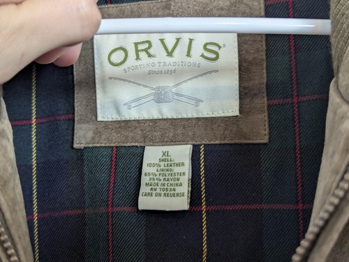 Orvis Suede Vest Mens XL Brown Olive Flannel Lined Zip Outdoor Hunting - Picture 3 of 6