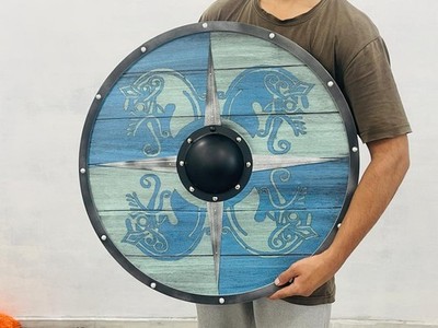 Handgefertigtes Wikinger Schild Fenrir Wolf Knoten blau Holz LARP Cosplay Requisite, Geschenk
