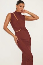 Lulus Women Kamara Mesh Cutout Knotted Midi Dress Brown Basic Sleeved Large