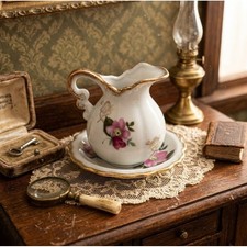 Enesco Vintage Miniature Porcelain Pitcher and Saucer Pink Rose Gilded Japan
