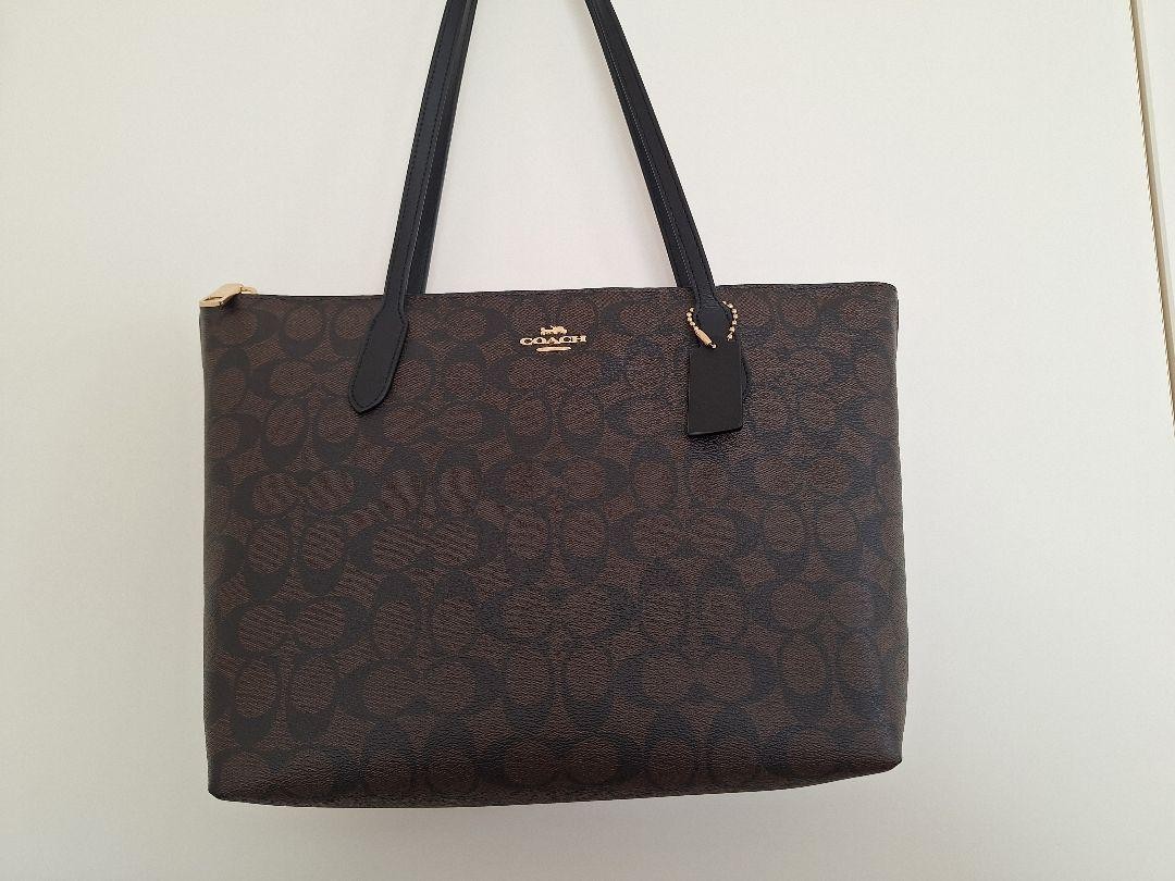 COACH Signature Brown Zip Tote Bag with Logo Accents