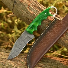 10" Damascus Steel Skinner Blade Handmade Hunting Knife with Green Resin Handle