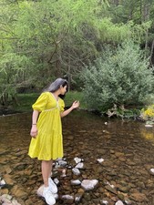 Women’s Yellow/White Cotton V-Neck Puff Sleeve Ruffle Fit & Flare Dress M