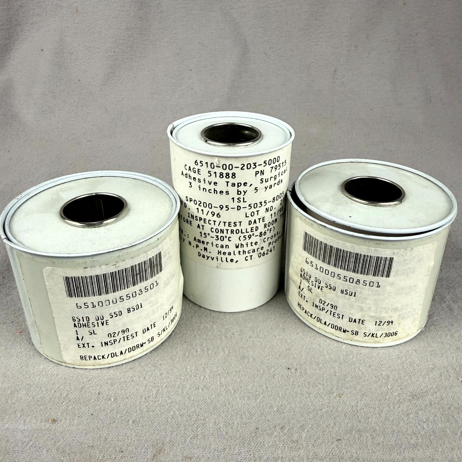 Vtg Military Medical Kits Surgical Adhesive Tape Roll White Cotton Lot of 3