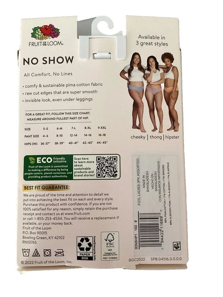 FRUIT OF THE LOOM 3 Pares NO SHOW PIMA ALGODÓN HIPSTERS Bragas Talla 2XL/9* Foto 3 de 4