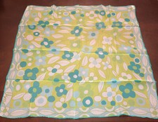 Vera Sheer Vintage Lime Green  Teal Floral Silk Blend Handrolled Scarf