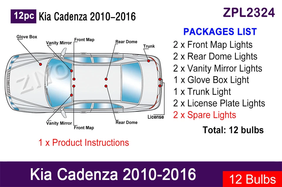 Actualización de luz LED interior 12 piezas para Kia Cadenza 2010-2016 bombillas LED blancas Foto 2 de 4