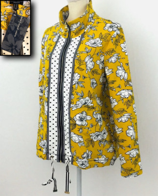 NWT! SUSAN GRAVER YELLOW WHITE BLACK FLORAL POLKA DOT ZIP SHIRT JACKET TOP 3X A+