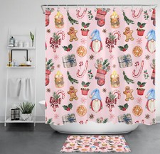 Winter Snowflake Red Gnome Pink Christmas Shower Curtain Set for Bathroom Decor