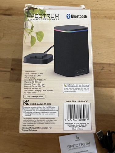 Wireless Speaker BT, FM Radio, USB-C, LED Spectrum SP-0225-BLACK - Open Box - Picture 5 of 10