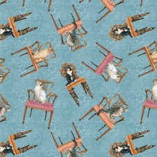 Feline Drive Fabric SOPHISTI-CATS Cats on Chairs Light Blue Sold by the Yard