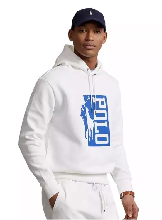 Felpa con cappuccio uomo TG XL Polo Ralph Lauren bianca blu royal BIG PONY LOGO doppia maglia