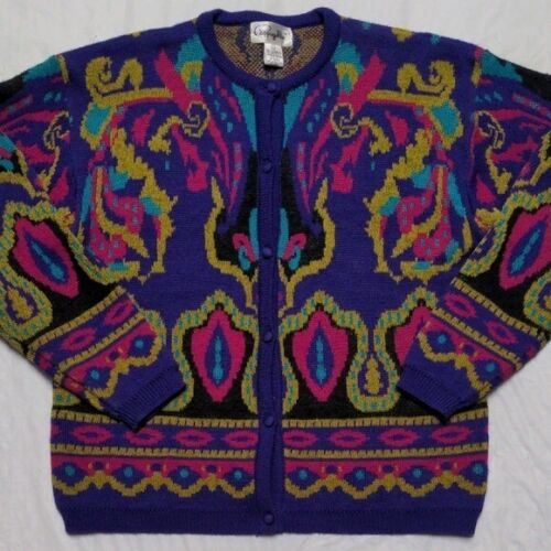 Vintage 90s Lambswool Colorful Paisley Print Cardigan Sweater Size L