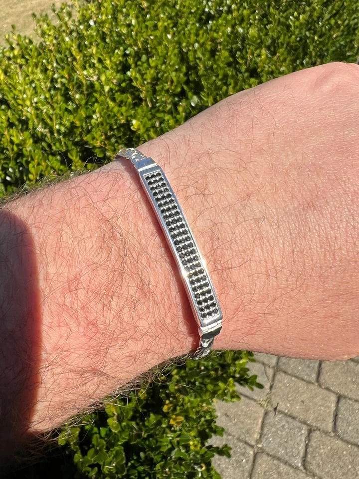 Men Byzantine Presidential ID Bracelet Real 925 Silver Ice Black CZ HipHop - Image 2 of 4