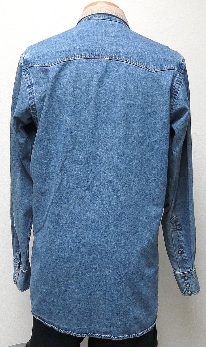 【MODERNIF】Weed Stitch Denim Shirt vtg MWG BLUE DENIM WESTERN Shirt MED (15.5) Sewn Pocket 90s
