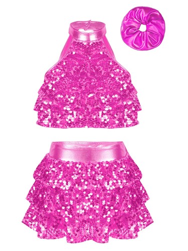 Kids Girl's Shiny Sequin Dance Crop Top with Tassel Tutu Skirt Set Dancewear - Picture 21 of 64