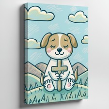 Serene Cartoon Scene Featuring A Small, Cartoon Dog With A Wall Art Canvas Print