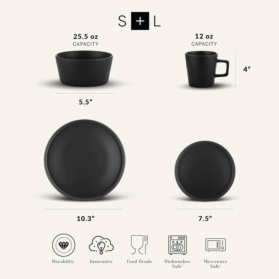 Matte Black Stoneware Dinner Set, Service for 4 - Minimalist - Image 4 of 4