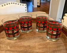 Georges Briard Timberland Glasses Red Plaid Christmas Tree Vintage Set of 4