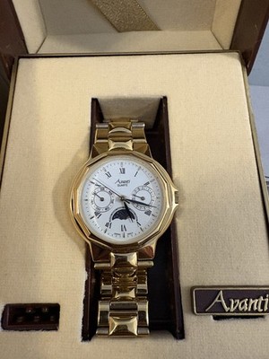 90 s Avanti Sun Moon Phase Day Date Watch Gold Tone New Battery Box Papers NOS