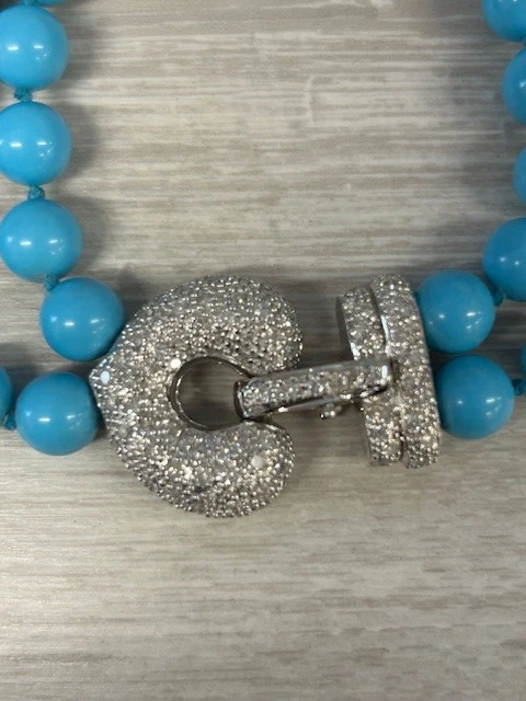 Ross Simons 1.90ctw Diamond Lab Created Turquoise Bead Necklace 18k Gold w/ Box - Image 3 of 4