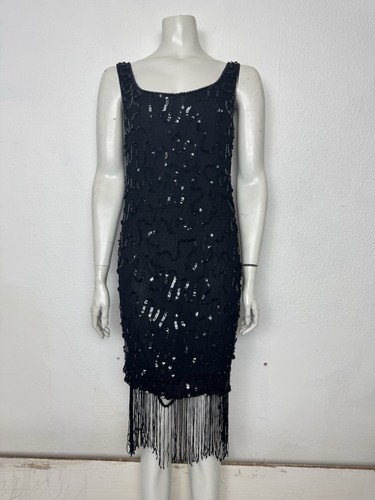 Vintage 90s Black Sequin Tassel Fringe Flapper Style 20s Gatsby Dress Size 10 - Picture 2 of 7