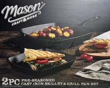 Cast Iron Skillet Grill Pan Set Mason Craft & More 2 Piece Fry Pans Pre-Seasoned