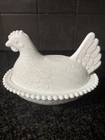 White Milk Glass Hen on Nest Covered Dish, Beaded Edge, Oval, Vintage Farm