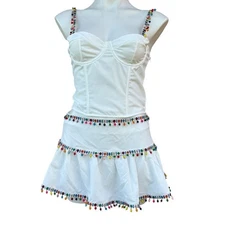 Shein Musera White Skirt & Corset Top Set Pom Pom Trim Size Small New