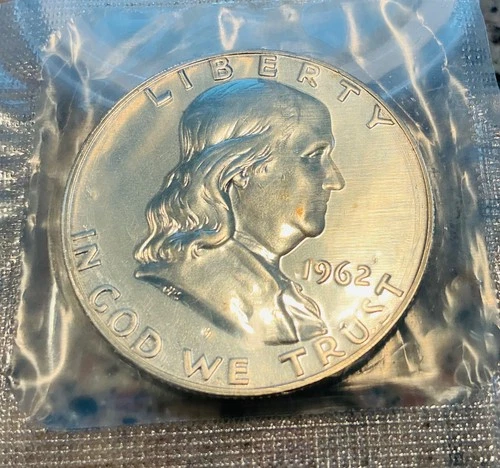 1962 US Mint 90% Silver Proof Half Dollar Franklin in Original Sealed Cello