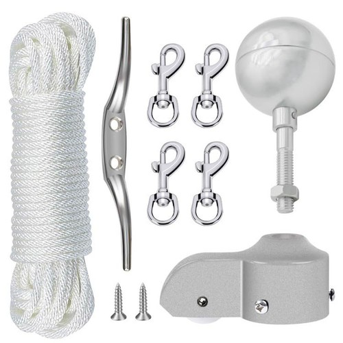 White Plated Round Flag Pole Cap with Rope and Aluminum Ball Accessory - Picture 6 of 9