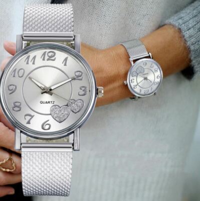 Damen/Mädchen Kristall Herz Silber Zifferblatt 3D Silber Mesh Effekt Armband, Dress Watch