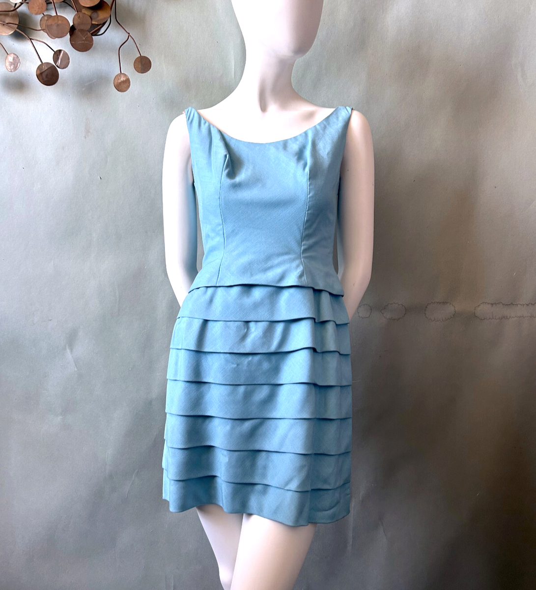 1960s Vintage LOUIS FERAUD Paris Mod Blue Linen Mini Dress XS Prom