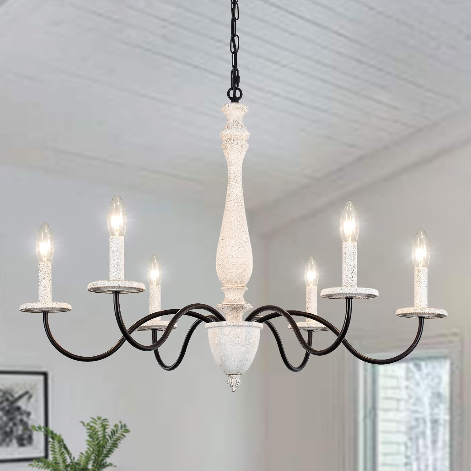 6-Light French Country Chandelier 29 Inch Black and Brown White Wood Chandeliers
