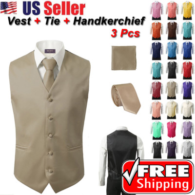 SET Vest Tie Hankie Fashion Men's Formal Dress Suit Slim Tuxedo Waistcoat Coat