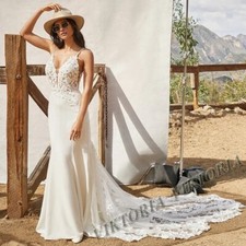 Bohe Mermaid WeddingDress Bridal Satin Spaghetti Straps Backless Appliques Robe