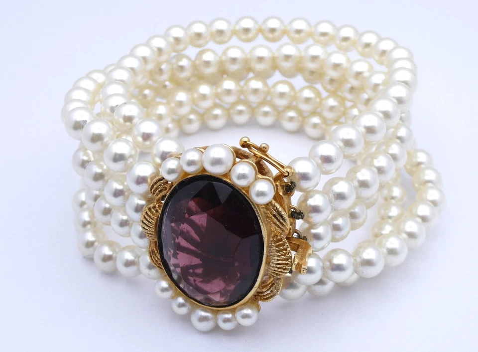 Vintage Damenarmband in Perlenoptik 5-reihig mit Farbstein (länge 20cm) - Bild 2 von 4