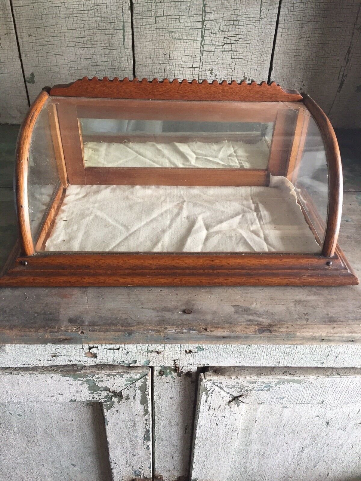 Antique Small Curved Glass Oak Display Showcase Country Store