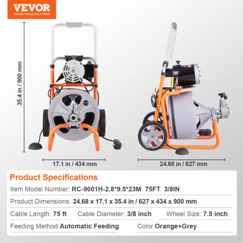 VEVOR Drain Cleaner Machine 75FT x 3/8 Inch Auto Feed with Wheels & 8 Cutters - Picture 7 of 12