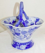 Chinese Cobalt Blue White Porcelain Handled Basket Hand Painted Lotus Flowers