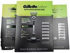 (3) Gillette Kits - 1 Exfoliating Razor with Dock + 7 Cartridges (5-Blade Razor)