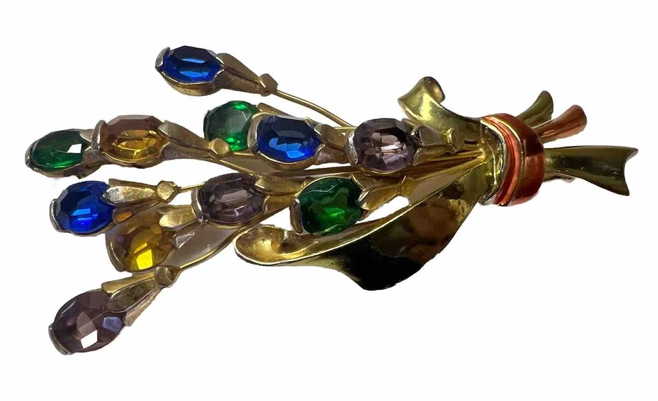 Rhinestone Floral Pin Large Colourful Spray Brooch Novelty Co Enamel Vintage