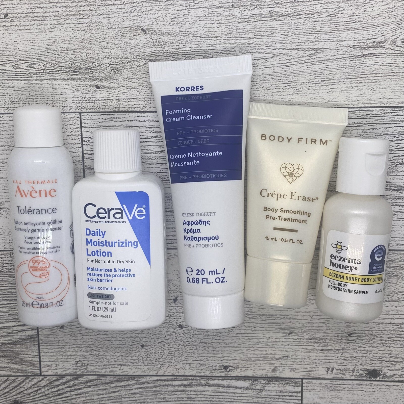 Lot of 5 Travel-Size Lotions: Avene, Cerave, Korres, Body Firm & Eczema Honey