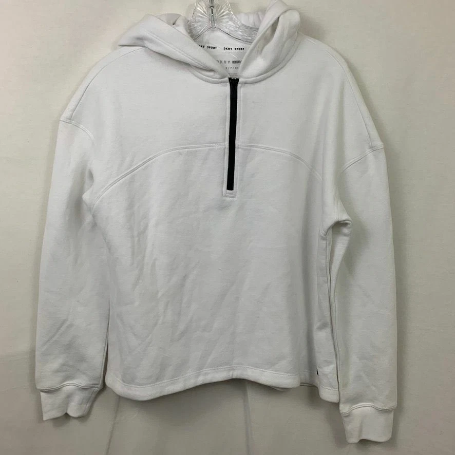 DKNY Size S White Black Logo 1 4 Zip Raw Edge Hoodie NWOT