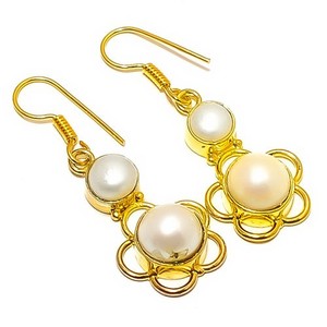 Authentic Natural Fresh Water Pearl 18k Yellow Gold Plated Earring 1.64" E7-311