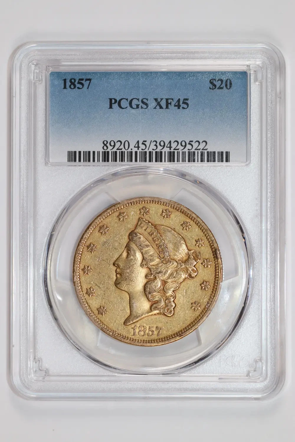 1857 $20 GOLD LIBERTY DOUBLE EAGLE PCGS XF45