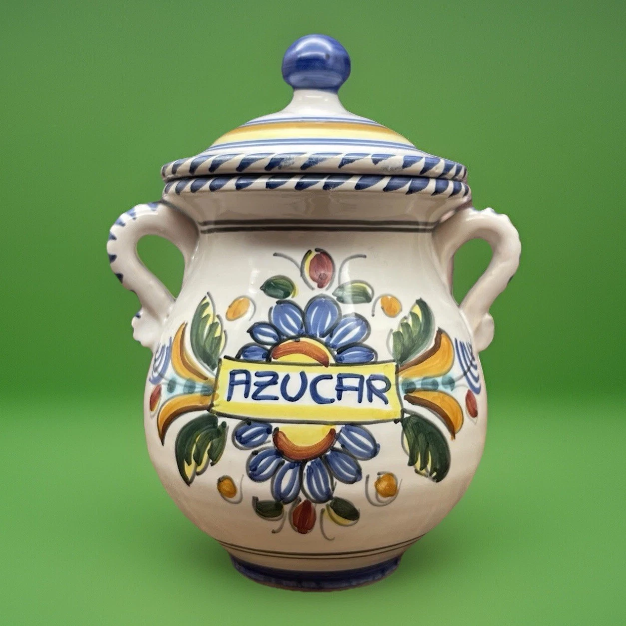 Vtg De La Cal Barreira Puente Spain Pottery Handmade Painted Sugar Pot AZUCAR